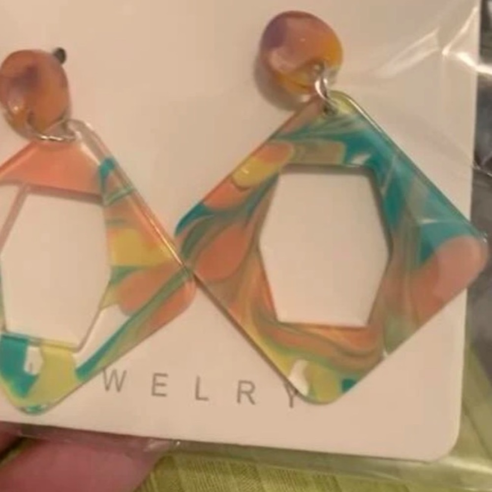 B2G1☮️Boho Retro Rhombus Acrylic Geometric Multi Color Statement Drop Earrings - Picture 10 of 11